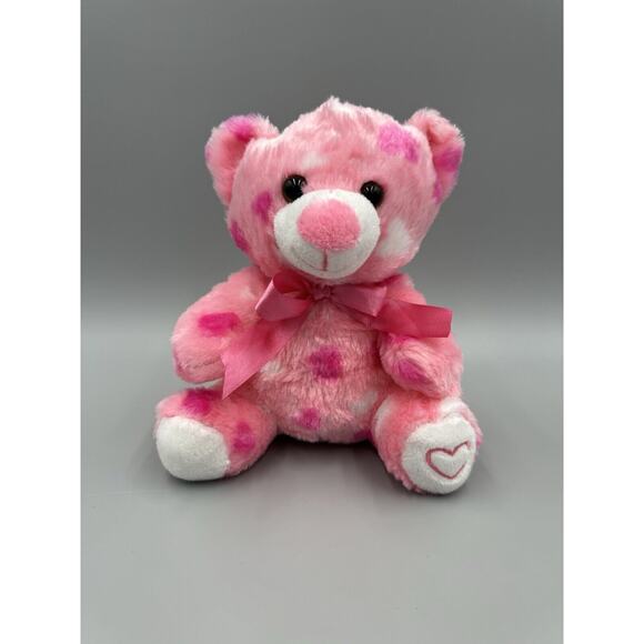 Pink Teddy Bear Plush 7” Stuffed Animal W/ Hearts & Ribbon Bow Tie - Picture 1 of 7